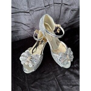 Jiaduowang Girls Open Toe 1” Heel Silver Glitter Embellished Shoe Size 4
